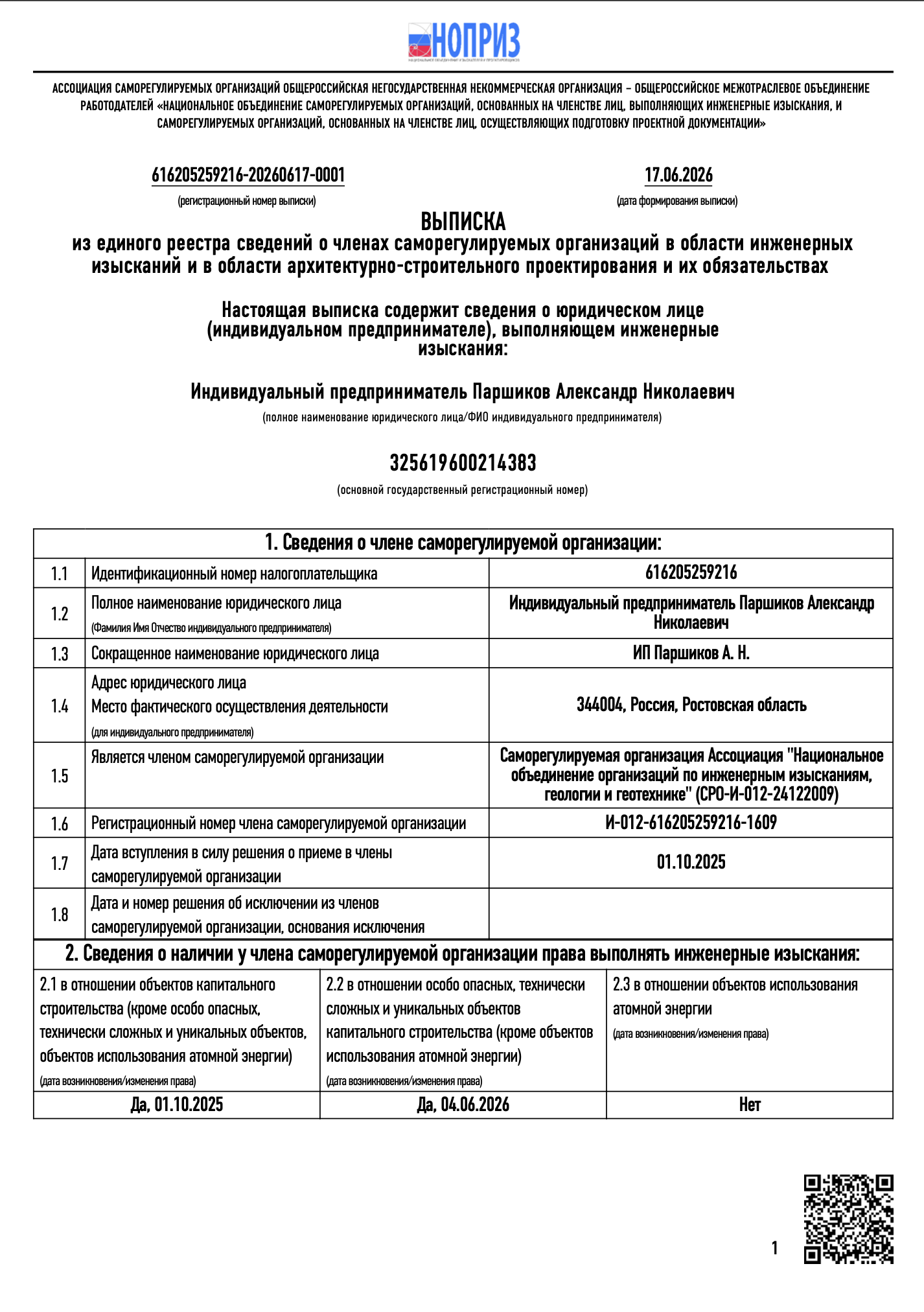Выписка НОПРИЗ